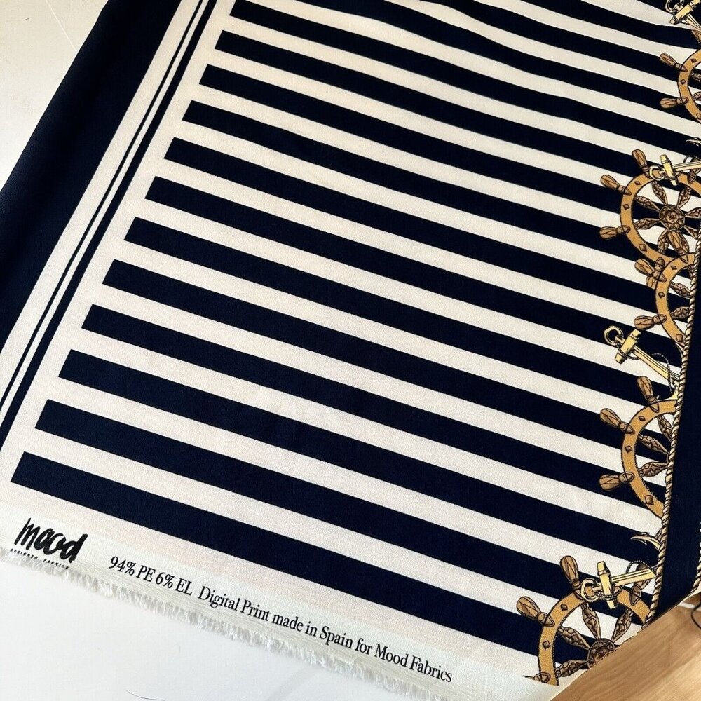Mood Fabrics Navy Blue Stripe Nautical Theme Fabric 57x46  inches Sailing Wheel